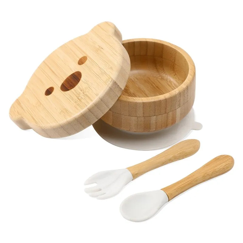 Baby Tableware Set Feeding Bowl Dinner Plate Cup Bibs Spoon Fork Bamboo Wooden Children's Feeding Dishes Sets BPA Free Non-Slip The Little Baby Brand The Little Baby Brand