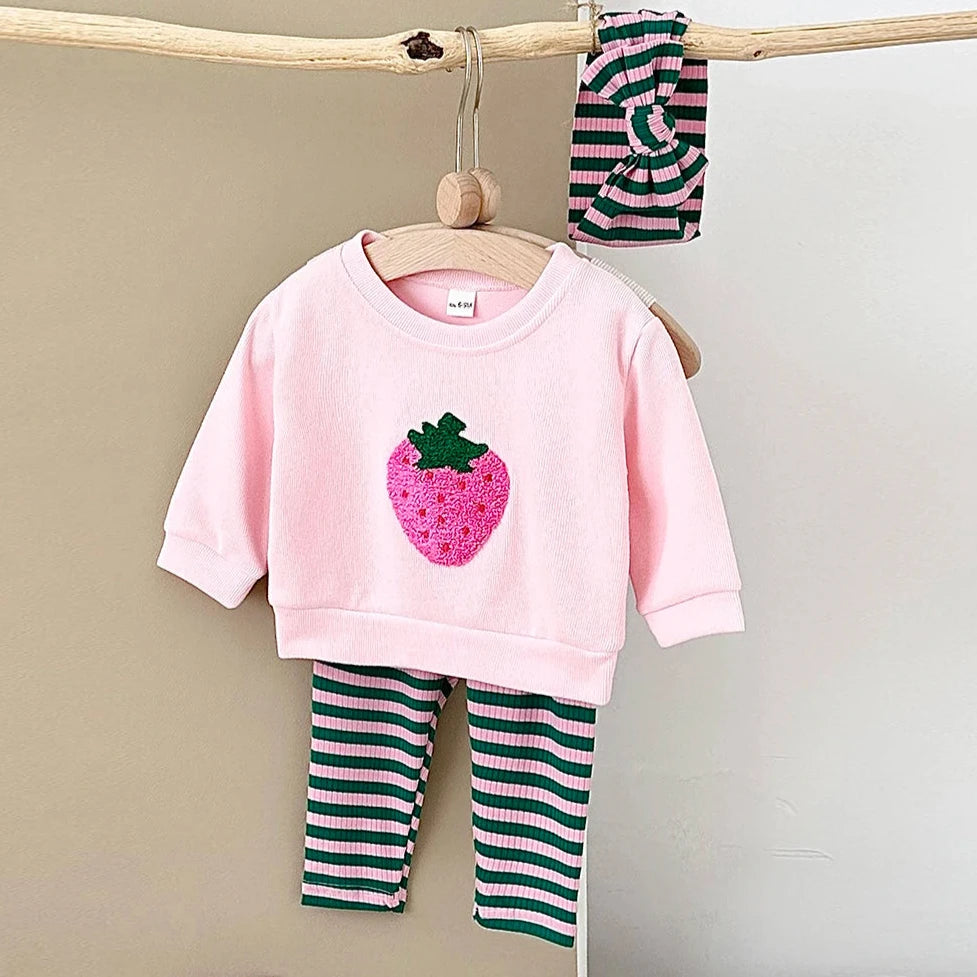 0-3Y Autumn Clothes Baby Girls Sets Strawberry Pullover Top Cotton Knitt Pants Striped Headscarf  Warm Leggings Infant Suit The Little Baby Brand The Little Baby Brand