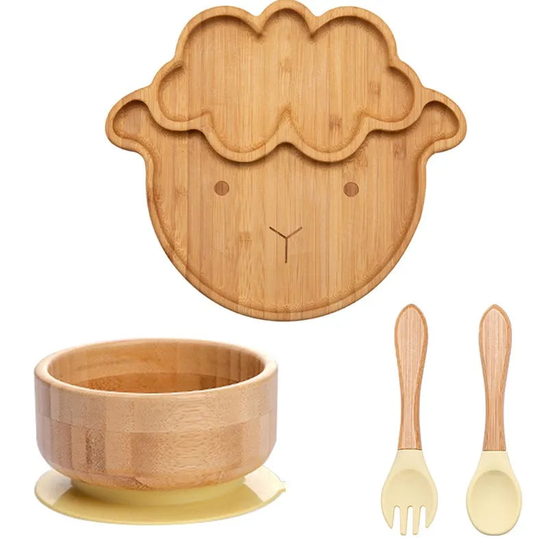 4pcs Children's Tableware Suction Plate Bowl Baby Dishes Baby Feeding Dishes Spoon Fork Sets Bamboo Plate for Kids Tableware The Little Baby Brand The Little Baby Brand