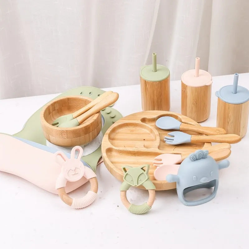 Baby Tableware Set Feeding Bowl Dinner Plate Cup Bibs Spoon Fork Bamboo Wooden Children's Feeding Dishes Sets BPA Free Non-Slip The Little Baby Brand The Little Baby Brand