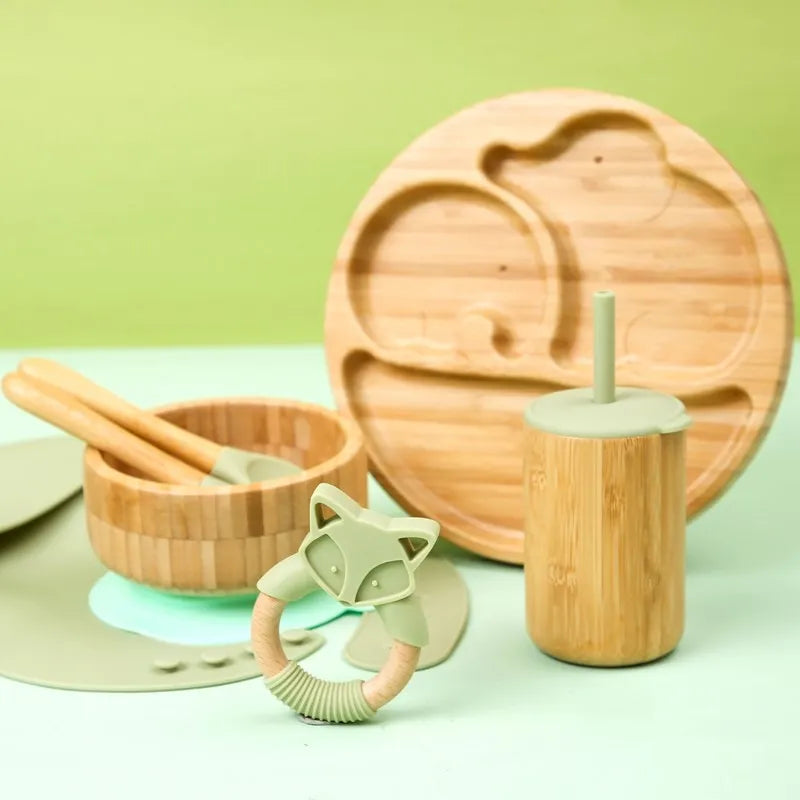 Baby Tableware Set Feeding Bowl Dinner Plate Cup Bibs Spoon Fork Bamboo Wooden Children's Feeding Dishes Sets BPA Free Non-Slip The Little Baby Brand The Little Baby Brand