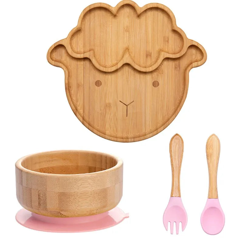 4pcs Children's Tableware Suction Plate Bowl Baby Dishes Baby Feeding Dishes Spoon Fork Sets Bamboo Plate for Kids Tableware The Little Baby Brand The Little Baby Brand