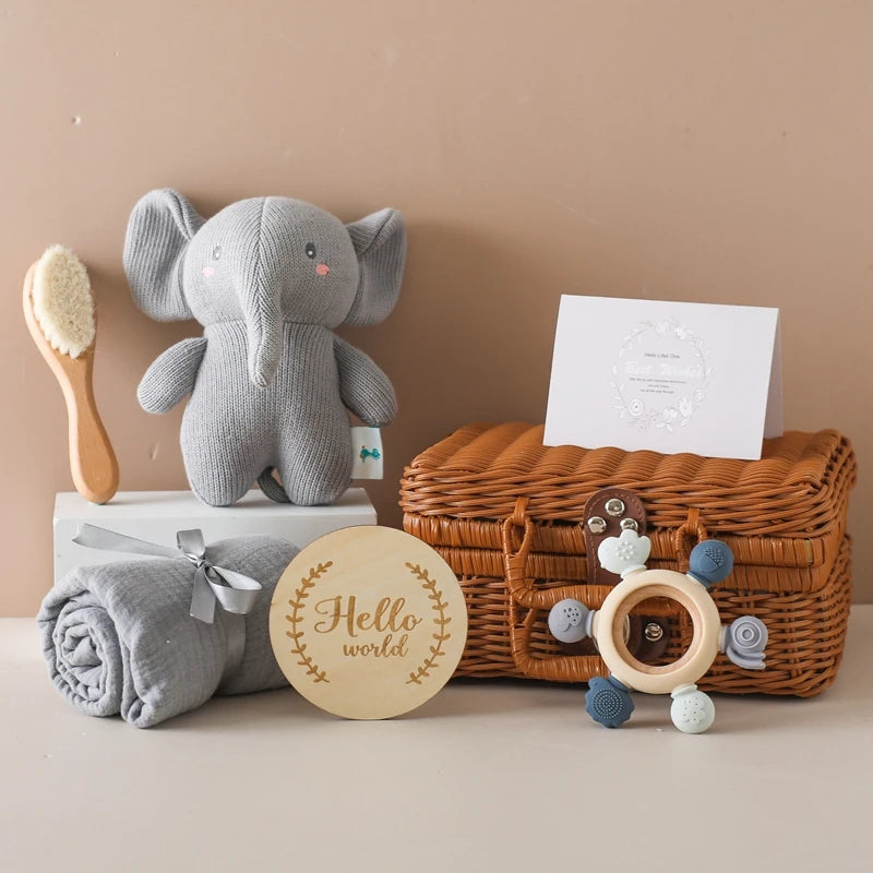 Baby Crochet Rattle Elephant Teether Toys Silicone Rudder Teething Toys Cotton Towel Wool Brush Weave Gift Box Bath Toys Set The Little Baby Brand The Little Baby Brand