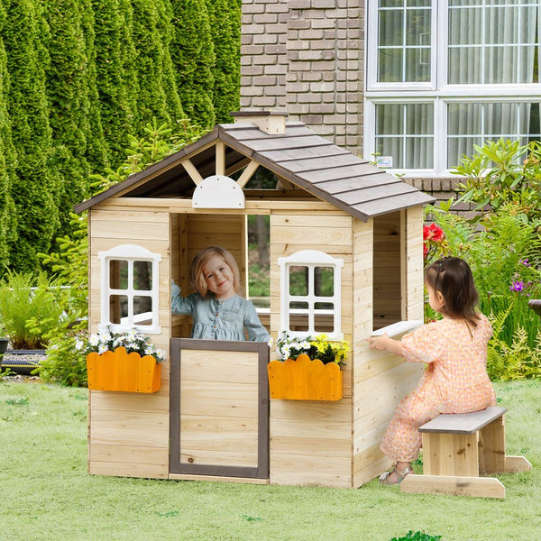 wooden playhouse Wooden Kids Playhouse with Window Boxes and Bench Outsunny The Little Baby Brand