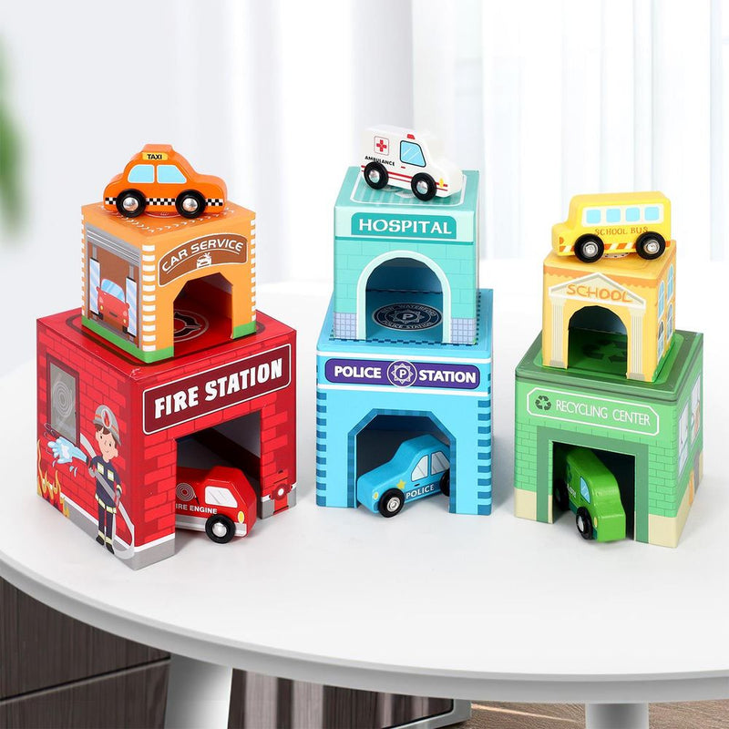 Wooden Toys 12pcs Wooden Stacking and Sorting Cubes: Buildings & Vehicles SOKA Play Imagine Learn The Little Baby Brand