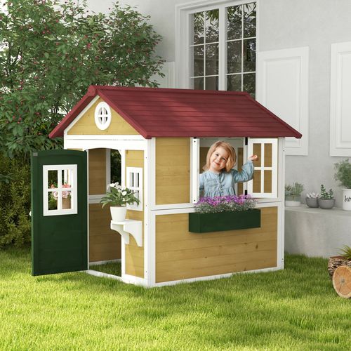 Outsunny Wooden Playhouse with Doors, Wooden, Plant Pots for Kids - Beige Outsunny The Little Baby Brand