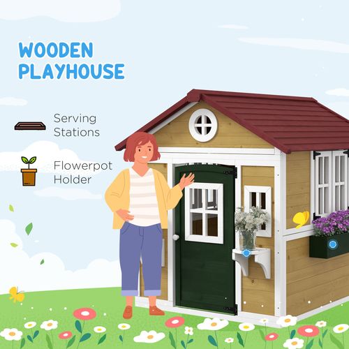 Outsunny Wooden Playhouse with Doors, Wooden, Plant Pots for Kids - Beige Outsunny The Little Baby Brand