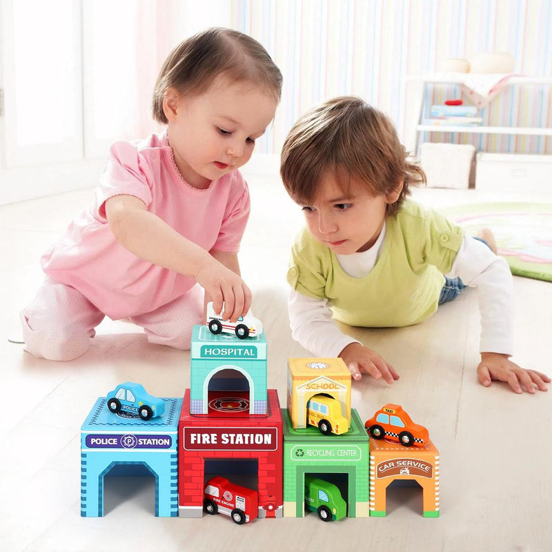 Wooden Toys 12pcs Wooden Stacking and Sorting Cubes: Buildings & Vehicles SOKA Play Imagine Learn The Little Baby Brand
